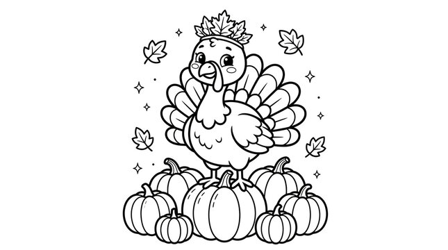 Cute Thanksgiving turkey wearing an autumn leaf crown with pumpkins, coloring page design.