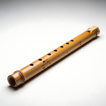A wooden bamboo flute, a traditional musical instrument with many holes, rests on a textured surface, highlighting its natural beauty and simplicity.