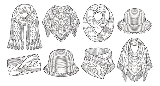 Hand-drawn winter accessories set, knitted scarf and hat illustrations, 8 wool clothing vector icons, cozy autumn fashion sketches
