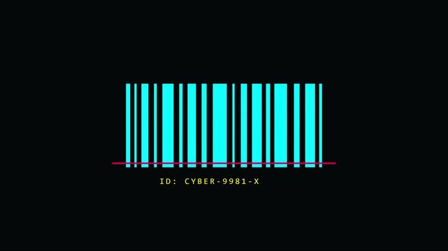 Neon cyan barcode scanner animation with cyber id cyber-9981-x digital overlay for futuristic tech and security concepts 4k