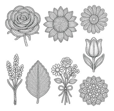 Intricate mandala floral line art set, 8 botanical coloring page elements, black and white zentangle flower vector icons for adult hobby crafts