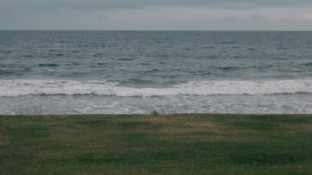 A grassy field with a gray sky and sea in the background