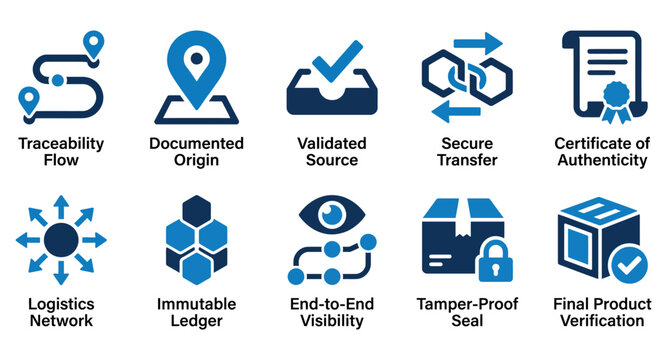 Set of ten blue icons representing supply chain management traceability logistics and secure data verification Minimal solid fill icon set bundle collection. Editable Vector Illustration Mega pack