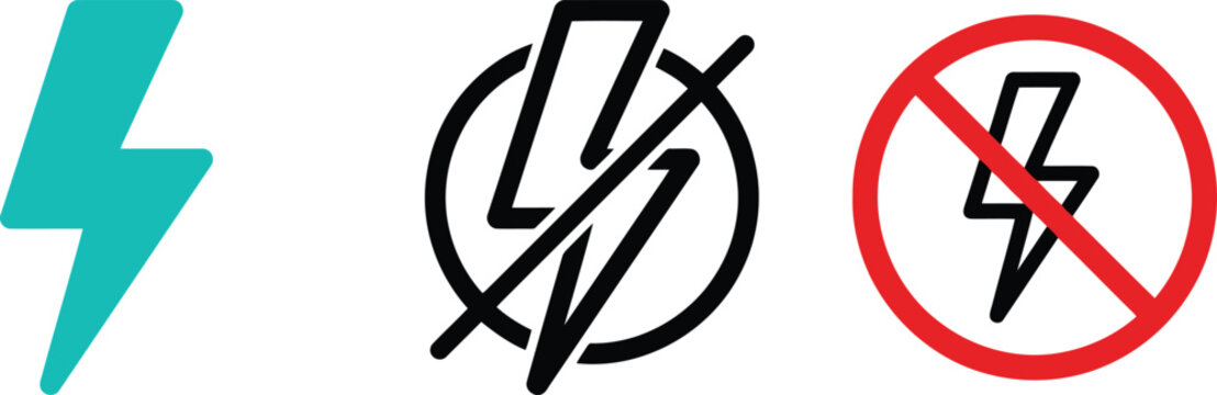 Set of lightning bolt icons showing power and no electricity warning signs