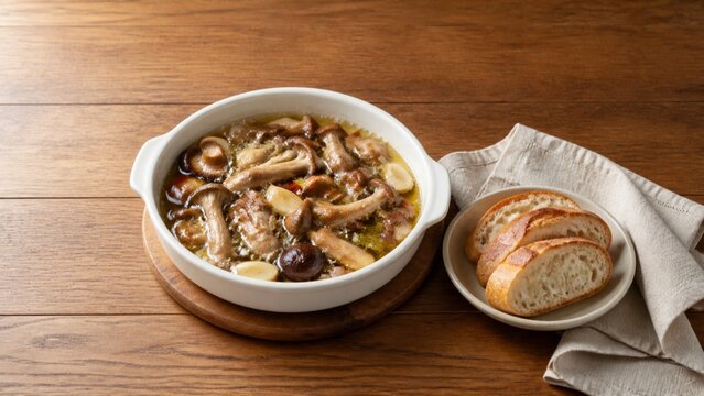 きのこのアヒージョ 白い耐熱皿で煮込んだマッシュルームの秋料理