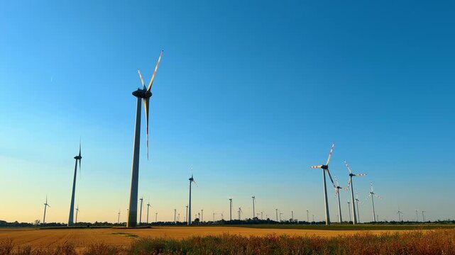 Wind turbines in a wide, open field. Twelve wind turbines stand tall in a field at sunset. The sky is clear and bright blue with no clouds.