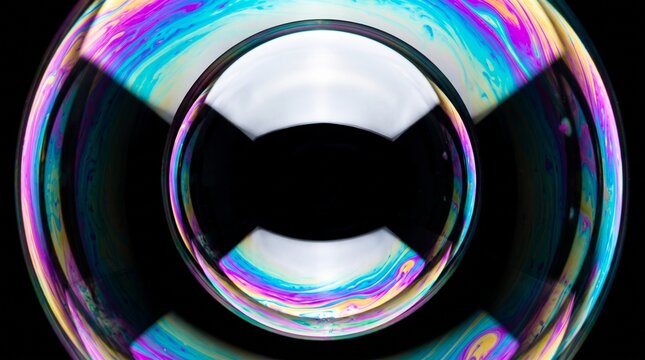 A close-up of a bubble ring with vibrant iridescent light reflections against a dark background.