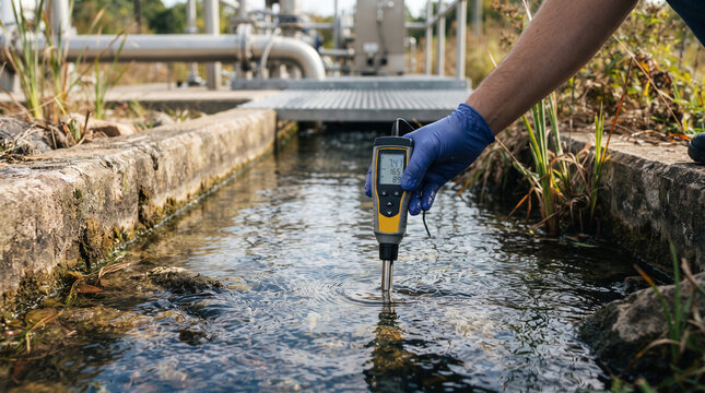 Researcher checking water parameters using portable sensor probe in concrete canal