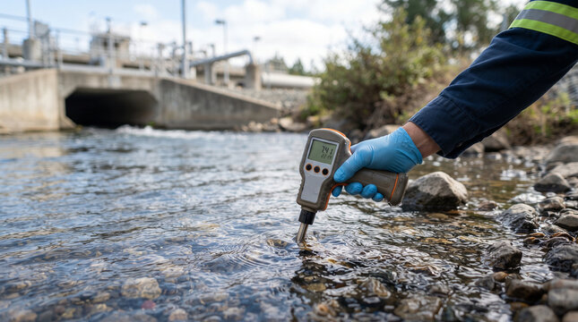 Environmental inspector testing river water with handheld digital device outdoors