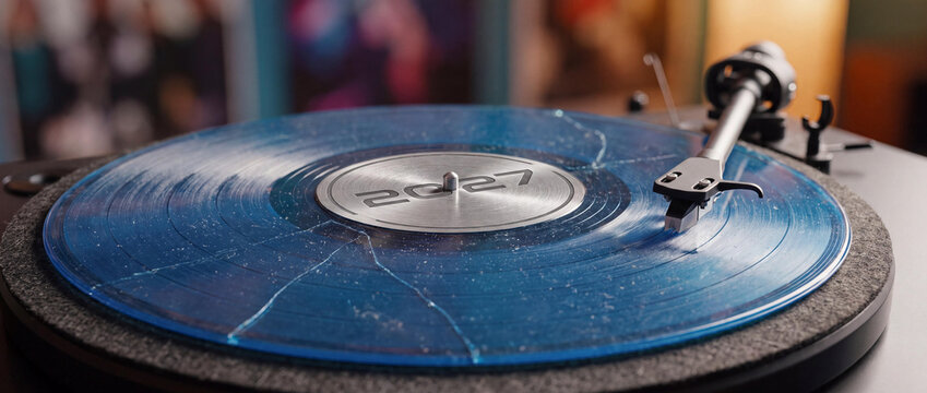 Cracked blue vinyl record on turntable with year 2027 engraved on metal center, conceptual music and future art