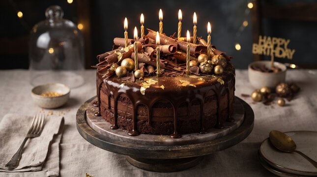 Delicious chocolate drip birthday cake with lit candles, festive celebration dessert with golden decorations, sweet treat concept with happy birthday text signage on rustic table