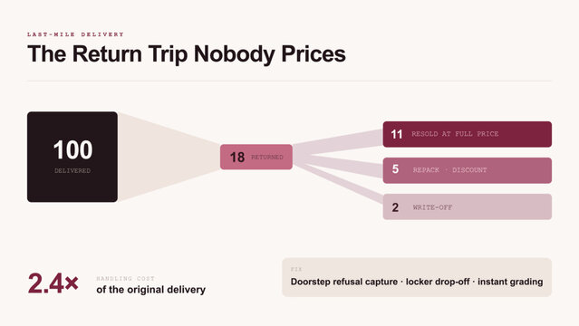 Reverse logistics returns flow infographic showing how 18 of 100 delivered parcels come back and split into resale, repack and write off, minimal flat vector diagram