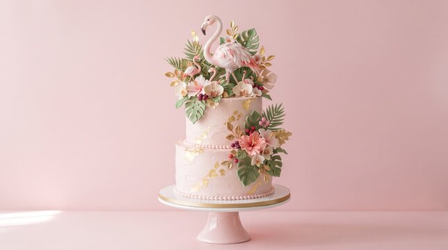 Pastel pink wedding cake with flamingo topper and floral decorations on ceramic stand. Elegant bridal dessert concept for modern celebration planning mood board design