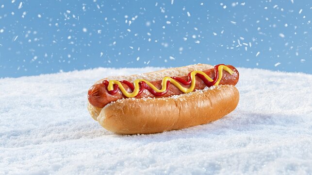 Unhealthy fast food hot dog with ketchup and mustard served on a snowy ski slope during winter vacation