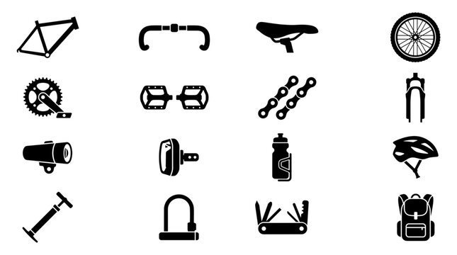 Collection of Bicycle Parts and Accessories Icons Set Vector Illustration