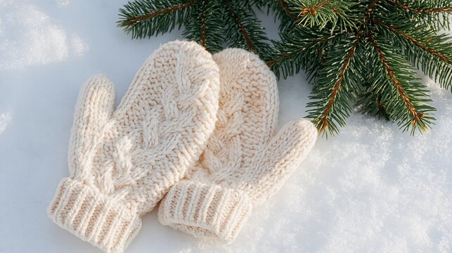 Cozy white knitted mittens with evergreen fir branches on fresh snow, winter fashion and Christmas seasonal concept