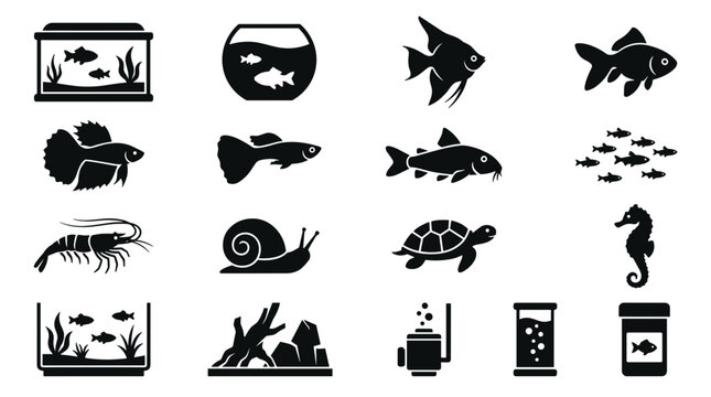 Collection of Aquarium Icons and Symbols for Fish Tanks and Aquatic Life