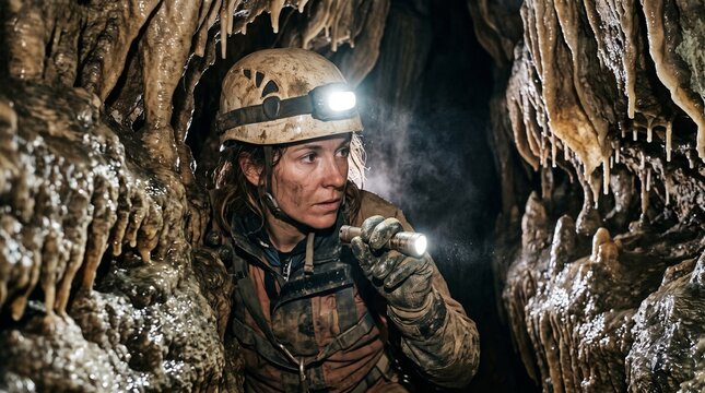 A female spelunker navigates the dark, intricate passages of a cave, her headlamp illuminating the rough, mineral-rich rock formations around her as she explores the subterranean world.