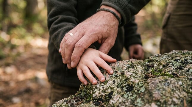 A gentle hand of an adult rests upon a child's hand, both touching a moss-covered rock in a forest, symbolizing guidance, connection, and the transmission of wisdom through generations.