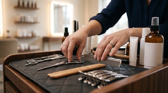 Hands of a hairdresser arranging scissors, combs, and hair clips on a trolley in a brightly lit salon, ready for a client's appointment.