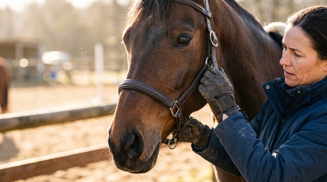 A woman with a calm expression gently secures a bridle on a horse's head, showcasing the close bond between human and animal in a rustic, outdoor setting.