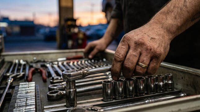 Close-up shot of a mechanic's hands organizing a toolbox filled with various wrenches and socket sets, with a blurred background suggesting a workshop or garage.