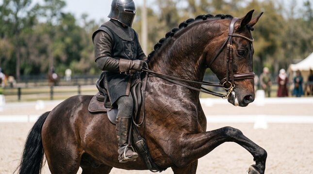 A knight in full armor atop a powerful horse performing in an outdoor equestrian event, evoking a sense of medieval pageantry and athletic prowess.