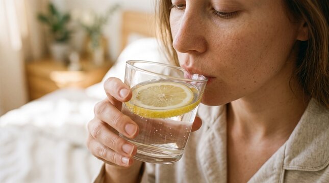 A woman in her pajamas drinks a refreshing glass of water with a slice of lemon, enjoying a moment of calm hydration in her bedroom.