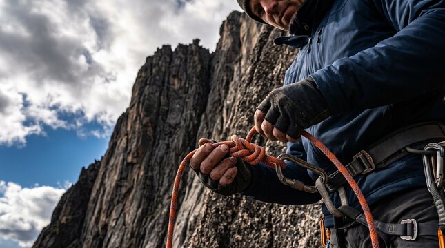 A climber skillfully ties a knot with a rope, preparing to ascend a rugged, sun-drenched mountain face under a dramatic sky.