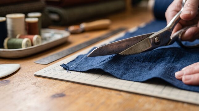Hands carefully cut navy blue fabric with sharp scissors, surrounded by sewing supplies, highlighting the craft of tailoring and textile work.