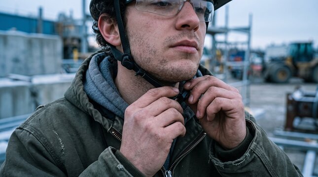 Construction worker securing his hard hat, ready to face the day&rsquo;s challenges on a busy industrial site.