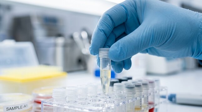 A gloved hand carefully holds a test tube filled with a clear liquid, surrounded by a laboratory setting with other vials and equipment. This image represents scientific research and medical testing.