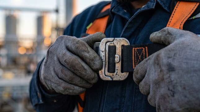 A construction worker fastens a safety harness buckle, preparing for work at a high-rise industrial site. The image emphasizes safety protocols and the demanding nature of industrial labor.