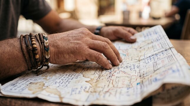 Close-up of a person's hands wearing beaded bracelets, intently studying a folded paper map spread out on a wooden table.