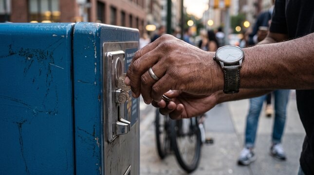 A close-up shot captures a person's hand inserting a coin into a parking meter on a city street. The detailed focus on the action highlights the urban setting and everyday transactions.