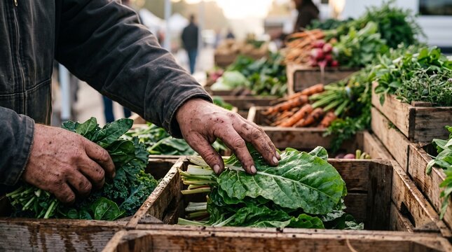 A farmer's weathered hands gently arrange fresh, leafy greens at a bustling outdoor market, showcasing the bounty of nature.