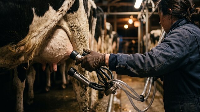 A farmer uses a milking machine to collect milk from a dairy cow in a dimly lit barn.