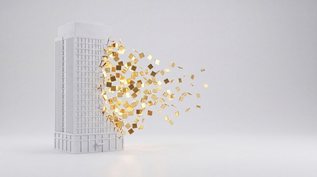 3D concept of real world asset tokenization with white building transforming into gold digital tokens