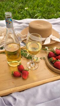 Picnic with strawberries and wine. Selective focus.