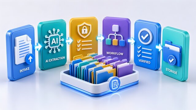 3D document automation workflow surrounding a file sorting tray illustrating data intake, AI extraction, security validation, and secure storage