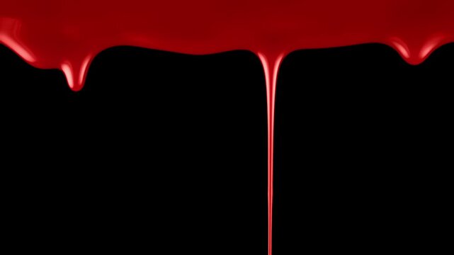 Vivid red blood flowing down over black and green screen. Blood red drops dripping down. Scary bleeding overlay showing frightening violence, an injury, terror, or a spooky Halloween background.