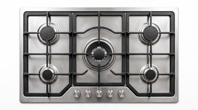 Modern stainless steel gas hob with five burners, professional kitchen cooktop with cast iron grates, built-in silver stove top