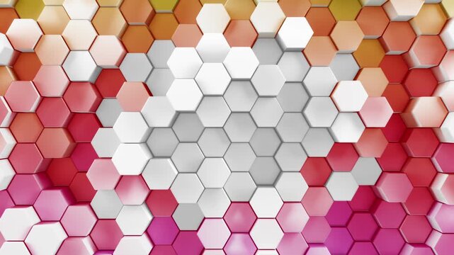 3d render hexagon background. White center hex shapes patterned in a rainbow of colors in a smooth looping movement creating a visual of brilliant random colors backgrounds. 3d rendered loop.