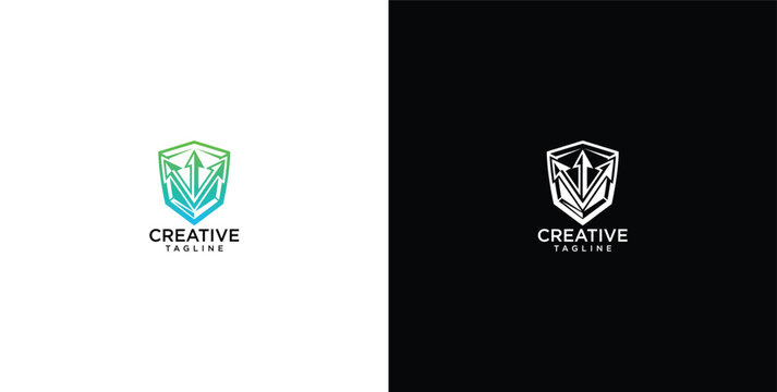 Creative bull shield logo template with spear and arrow design in gradient and monochrome versions