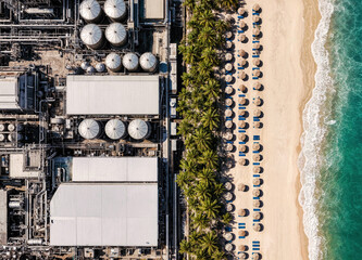 High-angle drone shot capturing the stark contrast between complex industrial metal tanks, a pristine sandy coastline, palm trees, and clear turquoise water. © ginettigino