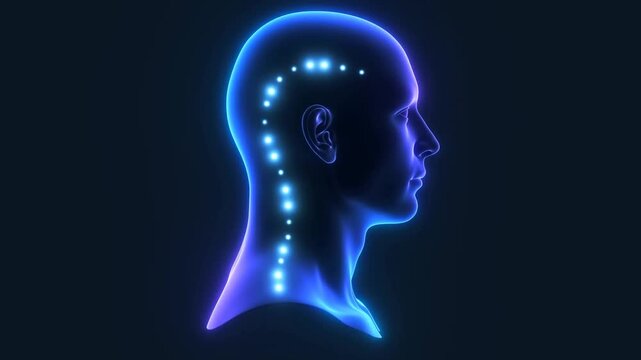 Glowing human head profile with illuminated neural pathway on dark blue background