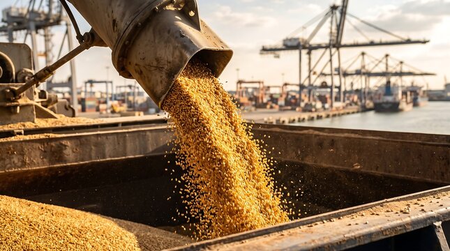 Industrial Grain Loading Process with Large Mechanical Auger Pouring Harvested Corn Seeds into Ship Hold at Busy Port Terminal for Agricultural Export Trade Operations