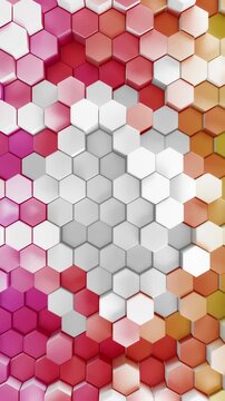3d render hexagon background. White center hex shapes patterned in a rainbow of colors in a smooth looping movement creating a visual of brilliant random colors backgrounds. 3d rendered loop.