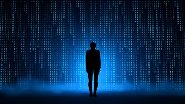 Person silhouette standing before glowing blue wall of binary code in dark setting