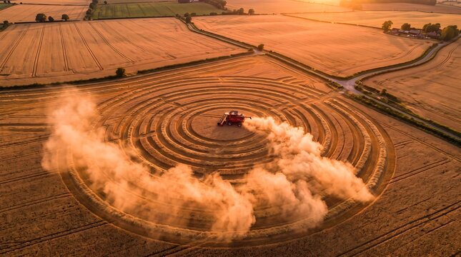 Combine Harvester Working in Agricultural Field Creating Geometric Circular Patterns and Dust at Golden Hour Sunset for Modern Farming Industry Projects